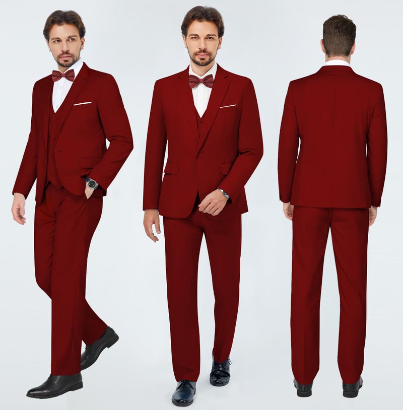 MAGE MALE Men's 3 Pieces Suit Elegant Solid One Button Slim Fit Single Breasted Party Blazer Vest Pants Set Red - Image 4